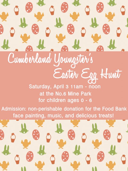 Cumberland Easter Egg Hunt bring a basket, and a non-perishable food item and get ready for face painting, music & super-yummy treats at the Easter Egg Hunt. Kids age 0 to 6. | Currently Cumberland